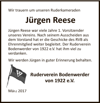 Traueranzeige von Nachruf Jürgen Reese von Deister- und Weserzeitung