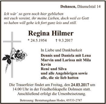 Traueranzeige von Regina Hilmer von Deister- und Weserzeitung
