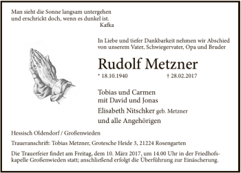 Traueranzeige von Rudolf Metzner von Deister- und Weserzeitung