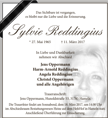 Traueranzeige von Sylvie Reddingius von Deister- und Weserzeitung