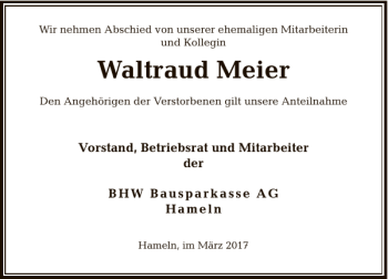 Traueranzeige von Waltraud Meier von Deister- und Weserzeitung