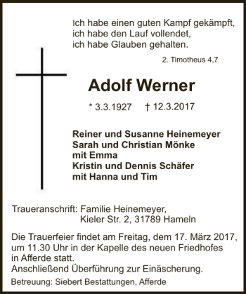 Traueranzeige von Werner Adolf von Deister- und Weserzeitung