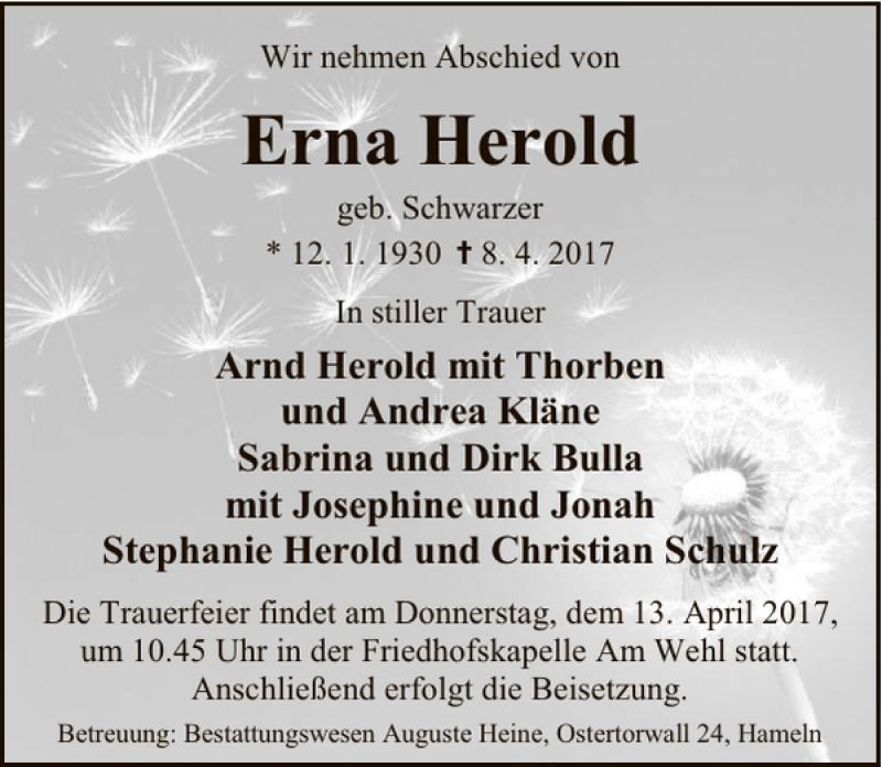  Traueranzeige für Erna Herold vom 11.04.2017 aus Deister- und Weserzeitung