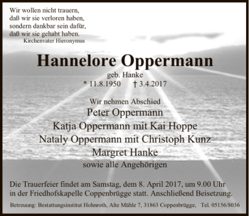 Traueranzeige von Hannelore Oppermann von Deister- und Weserzeitung