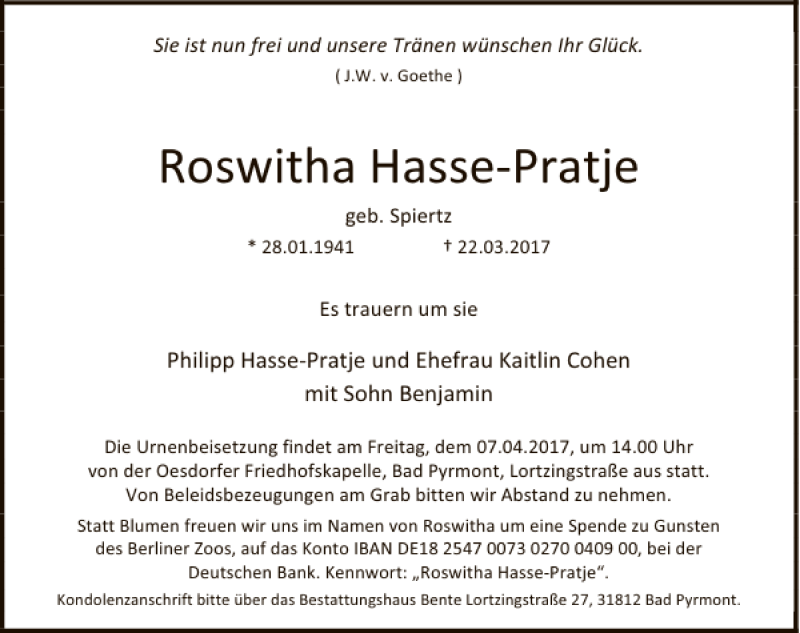  Traueranzeige für Hasse-Pratje  vom 01.04.2017 aus Deister- und Weserzeitung