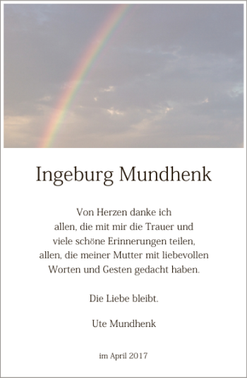 Traueranzeige von Ingeburg Mundhenk von Deister- und Weserzeitung