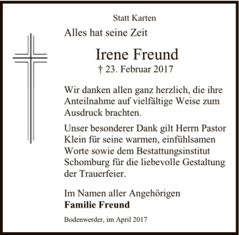 Traueranzeige von Irene Freund Dank von Deister- und Weserzeitung