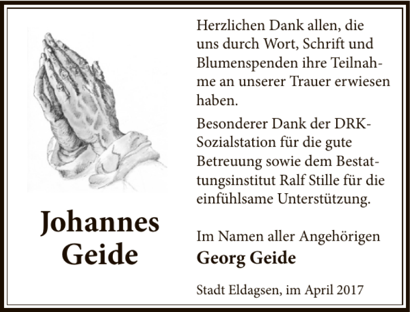  Traueranzeige für Johannes Geide vom 26.04.2017 aus Neue Deister-Zeitung