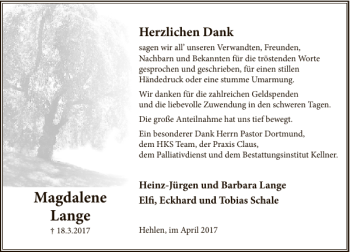 Traueranzeige von Magdalene Lange von Deister- und Weserzeitung