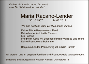 Traueranzeige von Maria Racano-Lender von Deister- und Weserzeitung