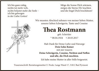 Traueranzeige von Thea Rostmann von Deister- und Weserzeitung