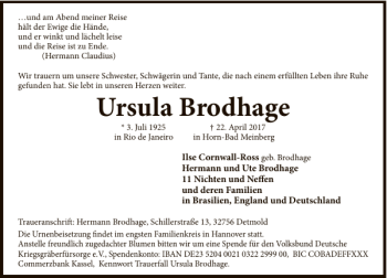 Traueranzeige von Ursula Brodhage von Deister- und Weserzeitung