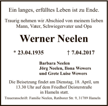 Traueranzeige von Werner Neelen von Deister- und Weserzeitung