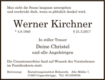 Traueranzeige von Werner Kirchner Dank von Deister- und Weserzeitung