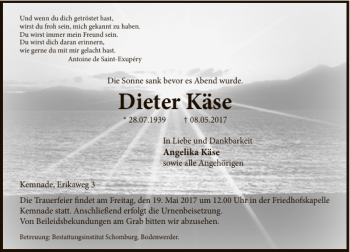 Traueranzeige von Dieter Käse von Deister- und Weserzeitung