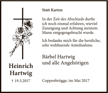 Traueranzeige von Heinrich Hartwig von Deister- und Weserzeitung