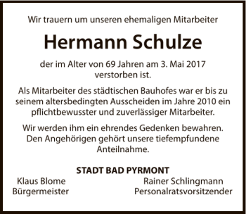 Traueranzeige von Hermann Schulze von Deister- und Weserzeitung