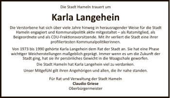 Traueranzeige von Karla Langehein von Deister- und Weserzeitung