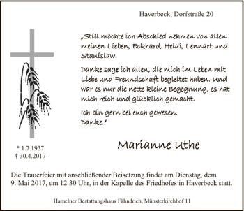 Traueranzeige von Marianne Uthe von Deister- und Weserzeitung
