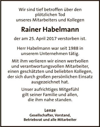 Traueranzeige von Nachruf Herr Habelmann von Deister- und Weserzeitung