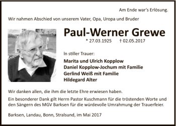 Traueranzeige von Paul-Werner Grewe von Deister- und Weserzeitung