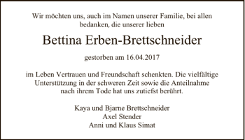 Traueranzeige von Bettina Erben-Brettschneider von Deister- und Weserzeitung