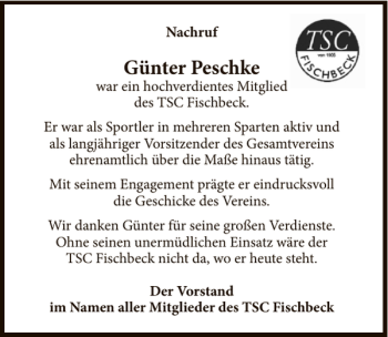 Traueranzeige von Günter Peschke von Deister- und Weserzeitung