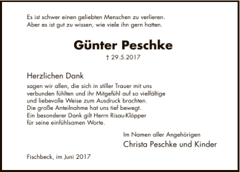 Traueranzeige von Günter Peschke von Deister- und Weserzeitung