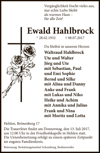 Traueranzeige von Ewald Hahlbrock von Deister- und Weserzeitung