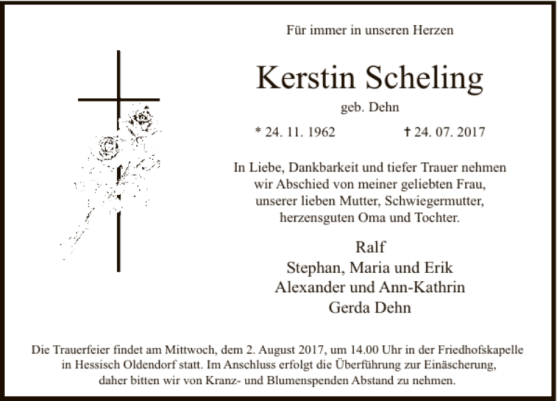  Traueranzeige für Kerstin Scheling vom 29.07.2017 aus Deister- und Weserzeitung