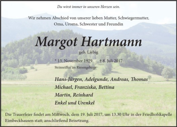 Traueranzeige von Margot Hartmann von Neue Deister-Zeitung