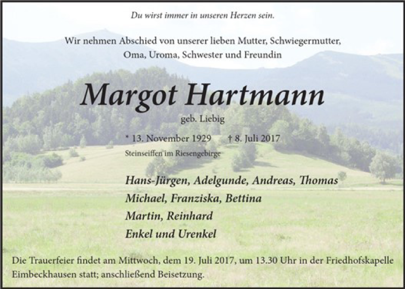  Traueranzeige für Margot Hartmann vom 15.07.2017 aus Neue Deister-Zeitung