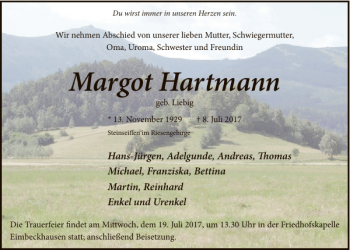 Traueranzeige von Margot Hartmann von Neue Deister-Zeitung