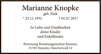 Traueranzeige von Marianne Knopke von Deister- und Weserzeitung