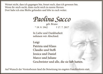 Traueranzeige von Paolina Sacco von Deister- und Weserzeitung