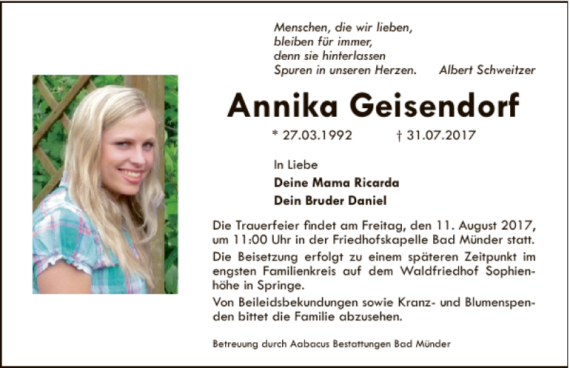  Traueranzeige für Annika Geisendorf vom 05.08.2017 aus Neue Deister-Zeitung