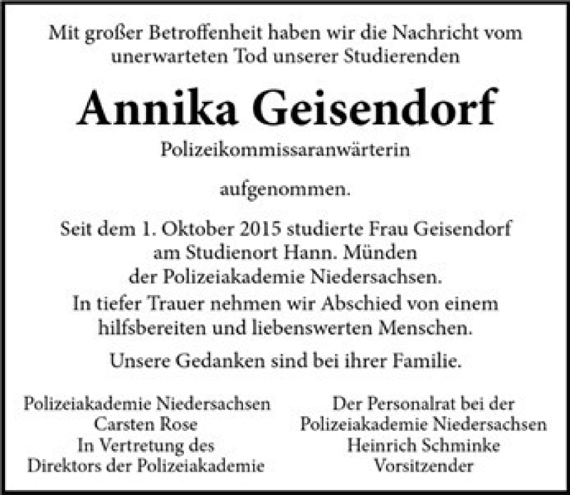  Traueranzeige für Annika Geisendorf vom 05.08.2017 aus Neue Deister-Zeitung