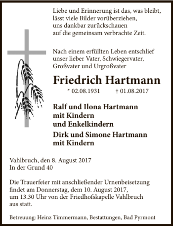 Traueranzeige von Friedrich Hartmann von Deister- und Weserzeitung