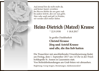 Traueranzeige von Heinz-Dietrich Krause von Deister- und Weserzeitung