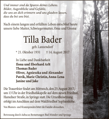 Traueranzeige von Tilla Bader von Neue Deister-Zeitung