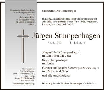 Traueranzeige von Jürgen Stumpenhagen von Deister- und Weserzeitung