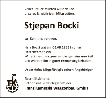 Traueranzeige von Stjepan Bocki von Deister- und Weserzeitung