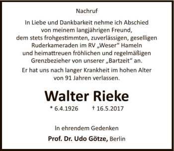 Traueranzeige von Walter Rieke von Deister- und Weserzeitung