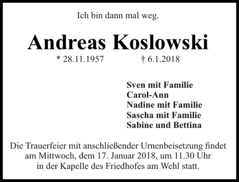  Traueranzeige für Andreas Koslowski vom 13.01.2018 aus Deister- und Weserzeitung