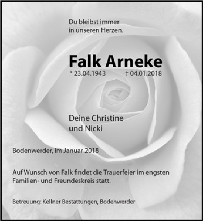  Traueranzeige für Falk Arneke vom 10.01.2018 aus Deister- und Weserzeitung