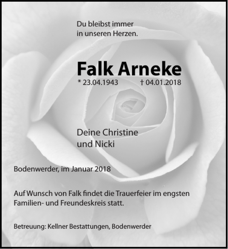  Traueranzeige für Falk Arneke vom 10.01.2018 aus Deister- und Weserzeitung