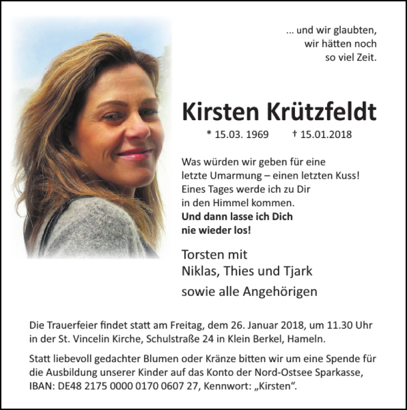  Traueranzeige für Kirsten Krützfeldt vom 20.01.2018 aus Deister- und Weserzeitung