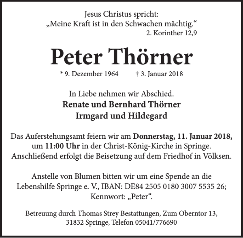  Traueranzeige für Peter Thörner vom 06.01.2018 aus Neue Deister-Zeitung