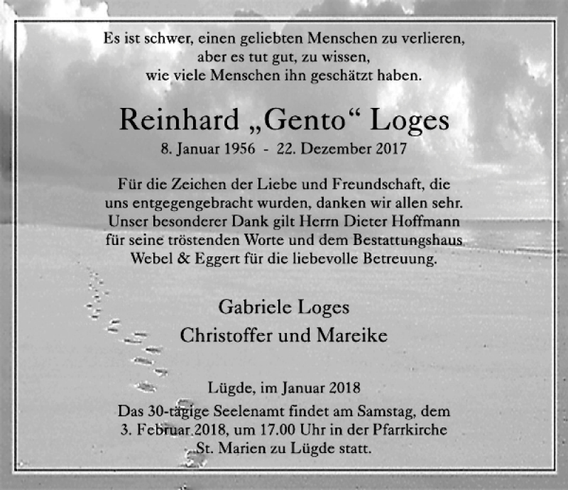  Traueranzeige für Reinhard Dks Loges vom 27.01.2018 aus Deister- und Weserzeitung