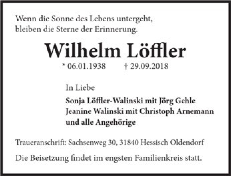  Traueranzeige für Wilhelm Löffler vom 06.10.2018 aus Deister- und Weserzeitung